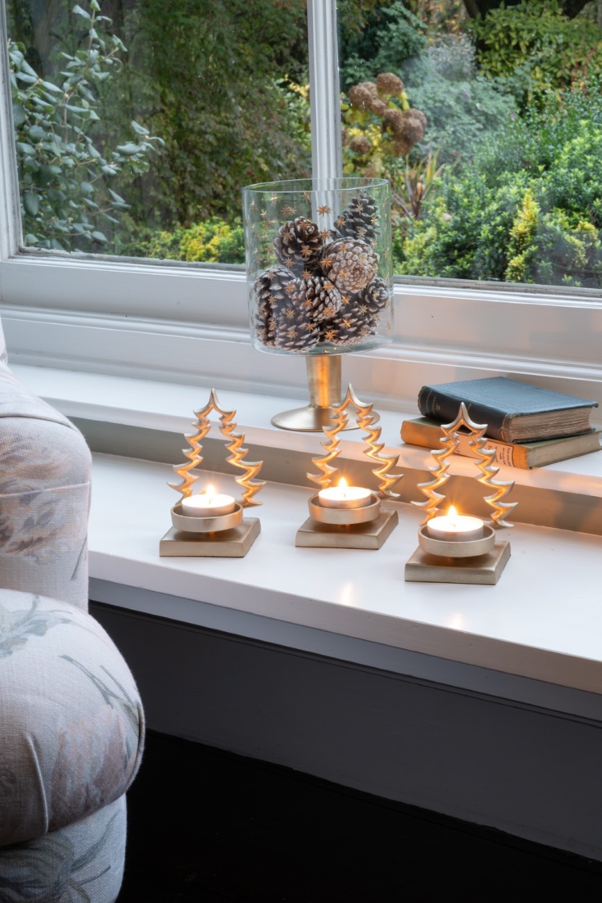 *Laura Ashley Set of 3 Festive Aluminium Xmas Tree Gold Tealight Holders hover image