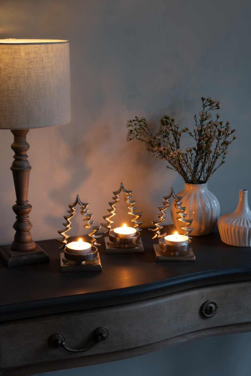 Festive Aluminium Xmas Tree Silver Tealight Holders Set of 3 hover image