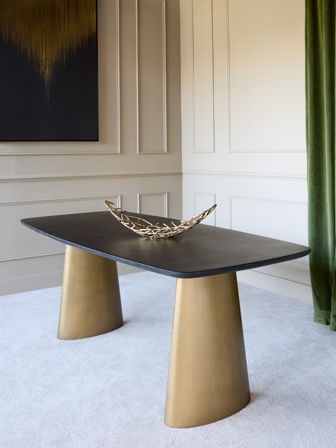 Caldera Solid Black Marble Dining Table on Brass Legs 200x90cm hover image