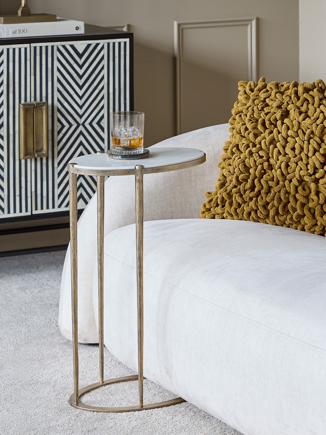 Iota Oval Accent Table White Banswara Marble Aged Champagne hover image