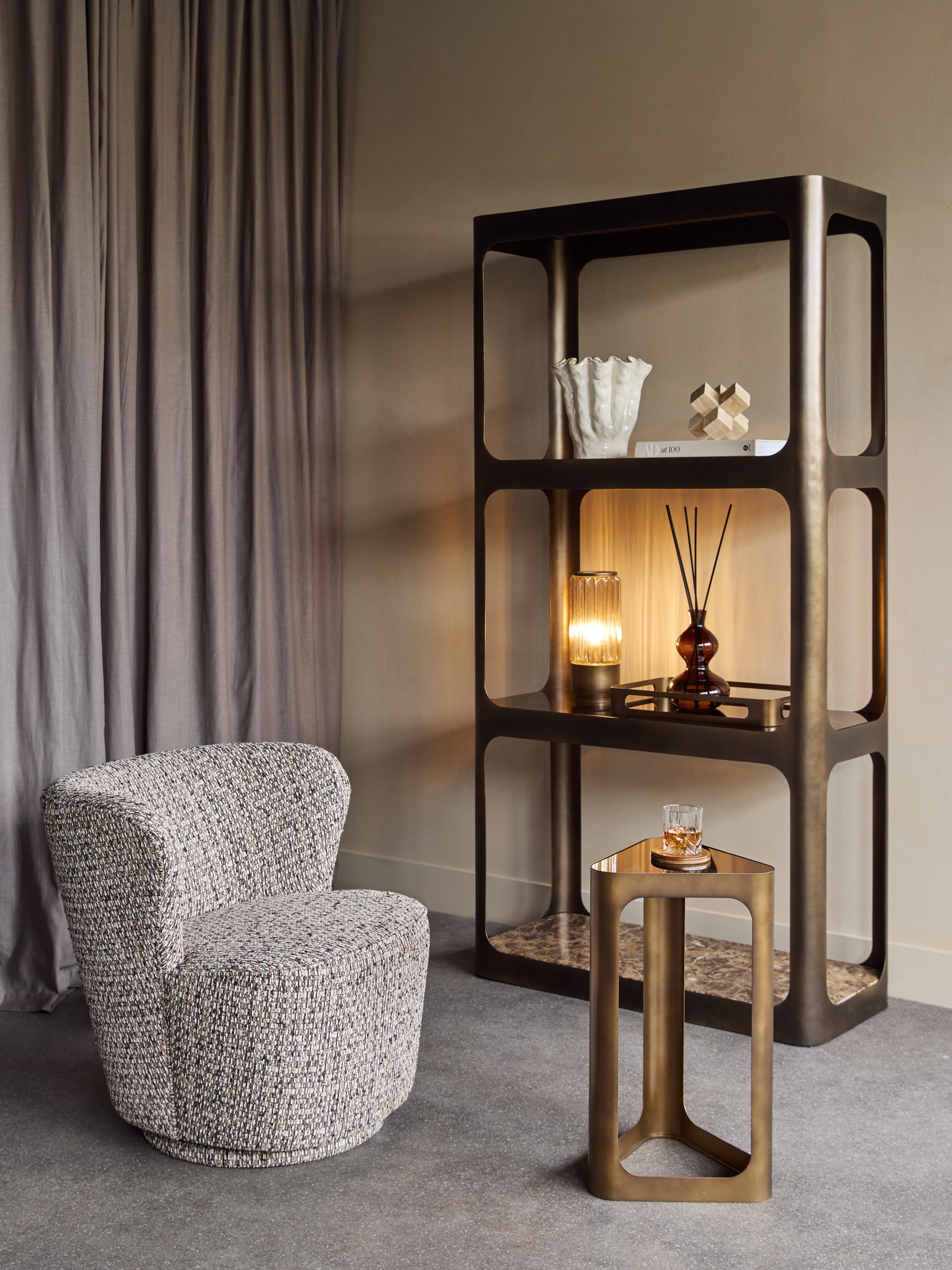 Thorpe II Smoked Bronze Metal and Glass Shelving Unit featuring Marble hover image