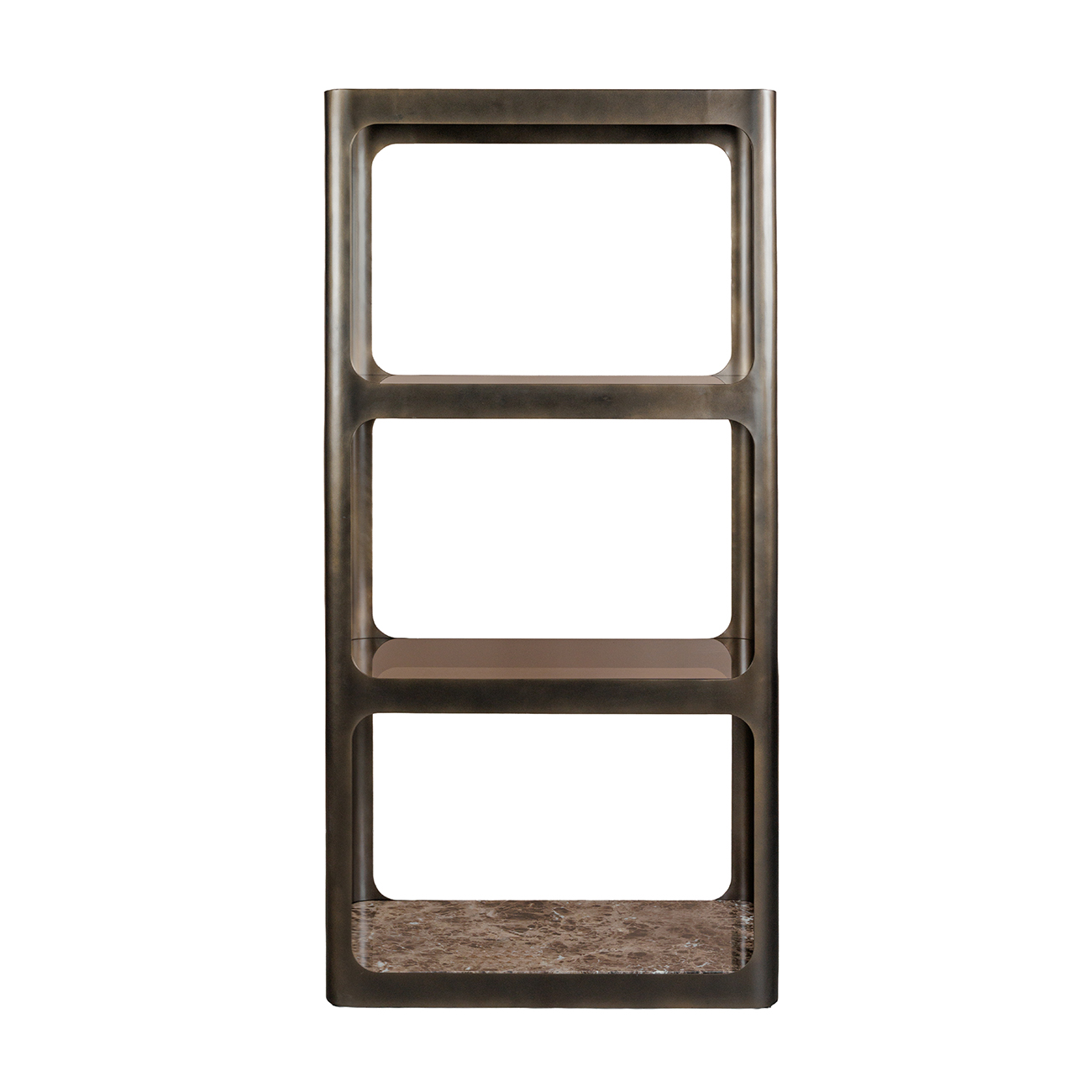 Thorpe II Smoked Bronze Metal and Glass Shelving Unit featuring Marble